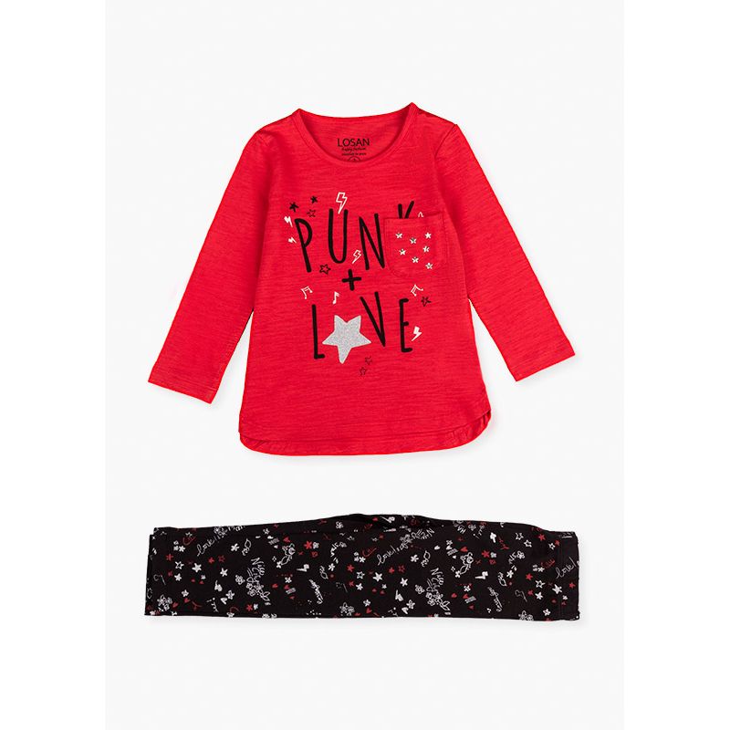 Prévente - Punk Style - Ens. T-shirt rouge et legging noir imprimé